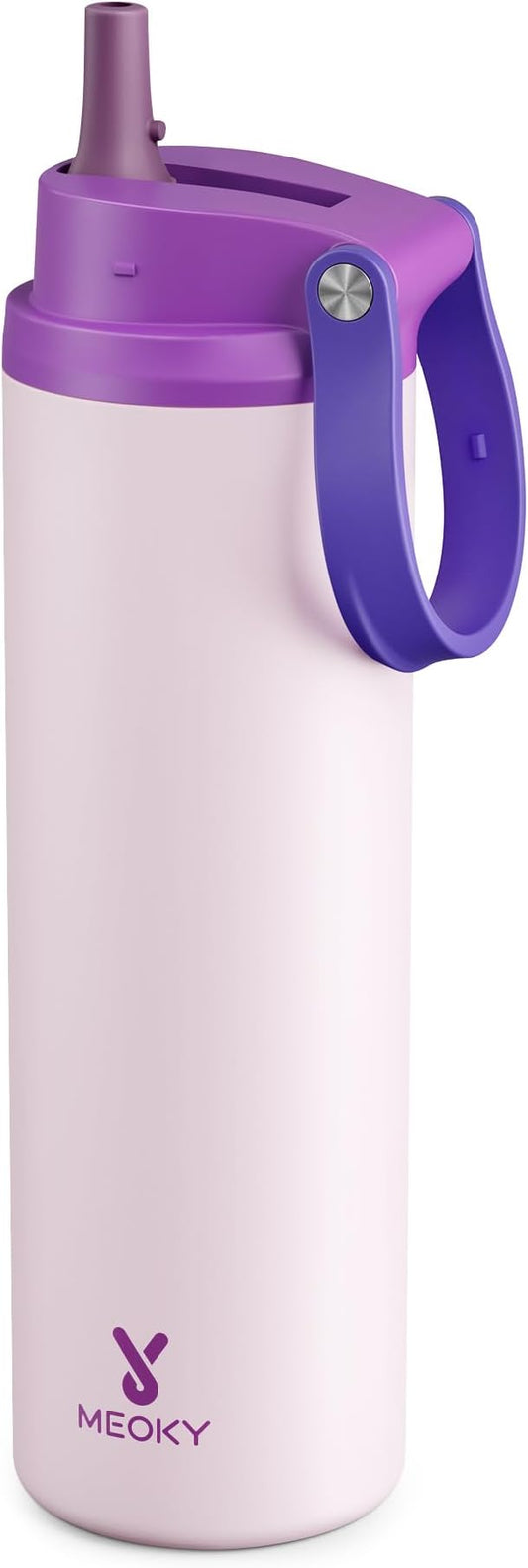 Meoky 24 oz Insulated Water Bottle: Flip-to-Pop Straw, Leak Proof, 24H Cold, Fits in Car Cup Holder, Wide Mouth, BPA-Free, Stainless Steel Water Bottle for Women Teen Girls, Dreamy Field