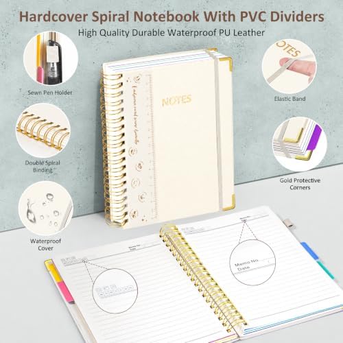 Hardcover Spiral Notebook Journal, 8"x10" Large B5 Notebooks with Removable Dividers Tabs, 300 Pages Leather 5 Subject Notebook College Ruled, Lined Journal for Women Work School Note Taking, White