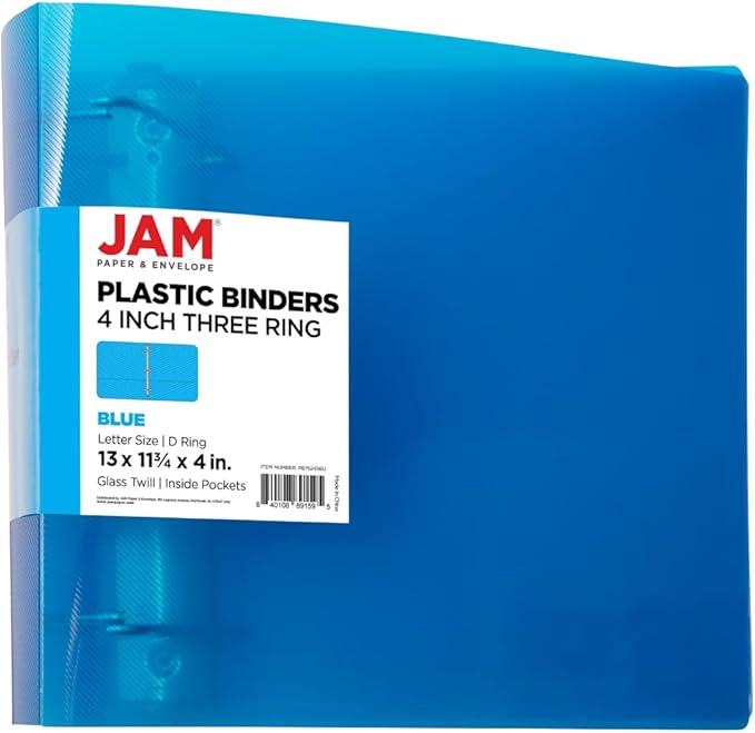 JAM PAPER Plastic 4 inch Binder - Blue 3 Ring Binder - Sold Individually