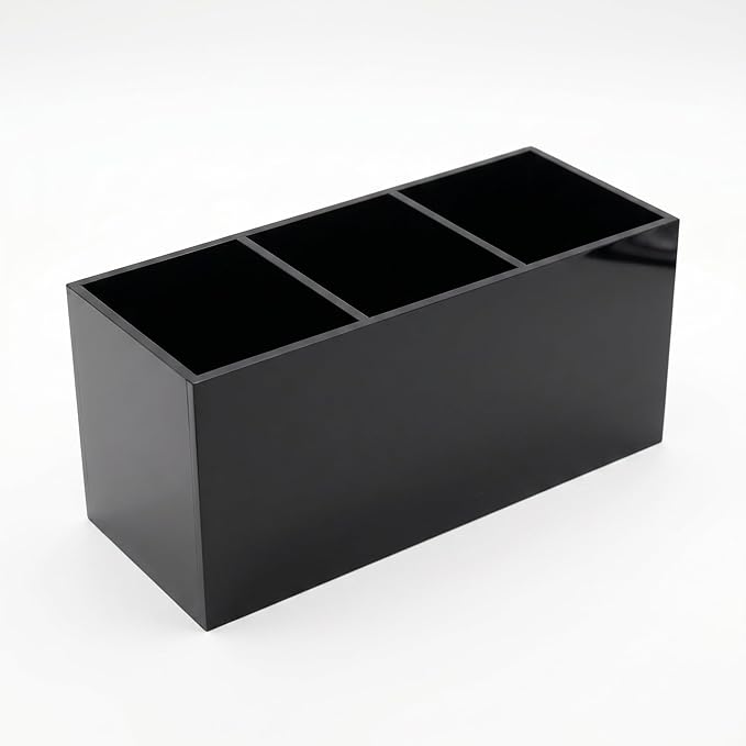 Black Acrylic Pen Holder for Desk, 3 Compartment Desktop Organizer & Pencil Cup, Makeup Brush Holder for Countertop, Multi-functional Pen Pencil Brushes Holders Caddy (Glossy Black)