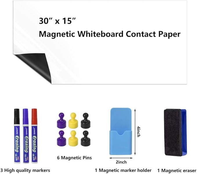 GMEHAR Magnetic Whiteboard Contact Paper, 30” x 15” Adhesive Dry Erase White Board for Wall,Peel and Stick Magnet Wallpaper for Home, Fridge, Kid’s Playroom, Office, Classroom