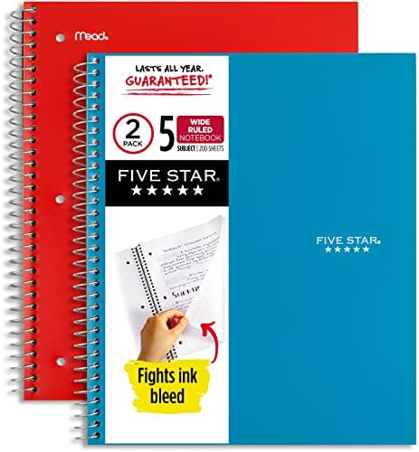 Five Star Spiral Notebook, 5 Subject, Wide Ruled Paper, 8" x 10-1/2", 200 Sheets, Tidewater Blue & Fire Red, 2 Pack (930082)
