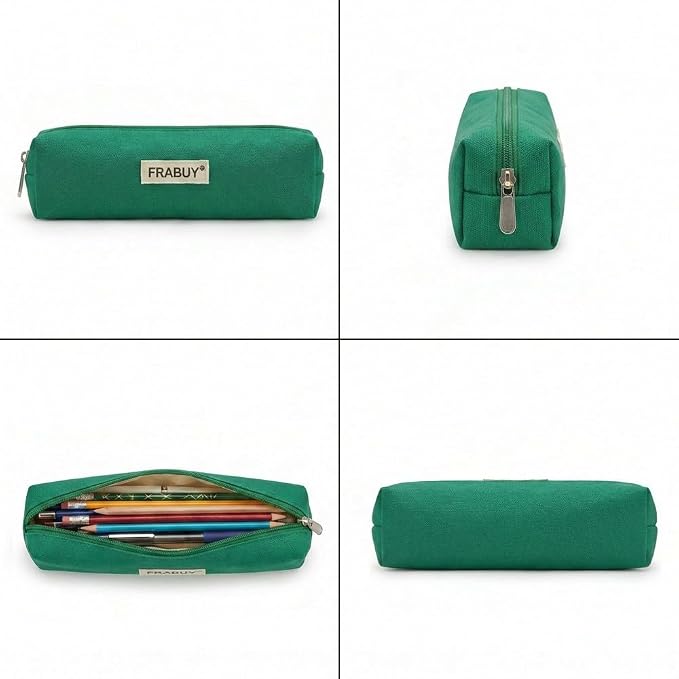 Cotton Canvas Pencil Case & Pen Pouch - Small Stationery Bag Green | Thick canvas pouch organizer with smooth alloy zipper. Cute cosmetics make up holder for school girls and boys.