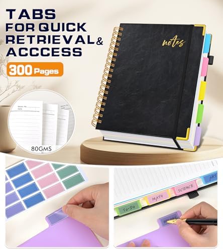 Hardcover Spiral Notebook 8.5"x11" Journal with Removable Dividers Tabs, 300 Pages Organizer Notebooks for Work School, Leather 5 Subject Notebook College Ruled, Large Lined Journal for Women，Black