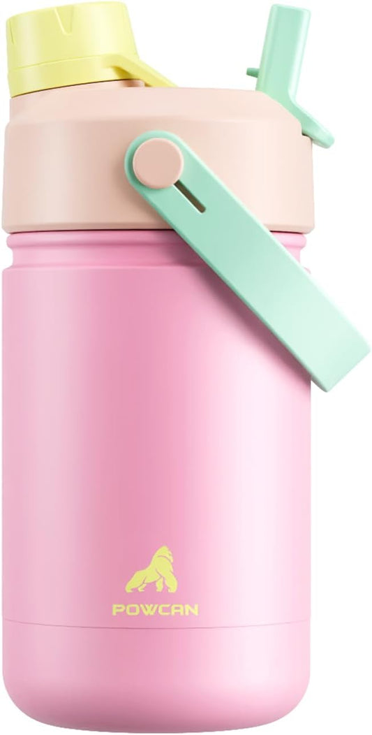 12 oz Kids Steel Water Bottle for School: 2-in-1 Straw Spout Lid, Leakproof, BPA-Free, Cold 24H, Car Cupholder Friendly, Cute Insulated Cup for Travel, Camping, Birthday Gift for Girls (Peachy Cream)