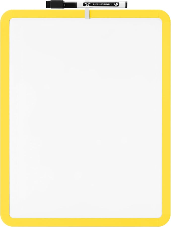 Mr. Pen- Dry Erase Board, 14” x 11” with a Black Dry Erase Marker, Yellow Frame, Small Mini White Board for Students, Fridge, Wall, Locker, Includes Double Sided Tapes