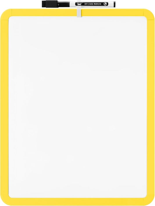 Mr. Pen- Dry Erase Board, 14” x 11” with a Black Dry Erase Marker, Yellow Frame, Small Mini White Board for Students, Fridge, Wall, Locker, Includes Double Sided Tapes