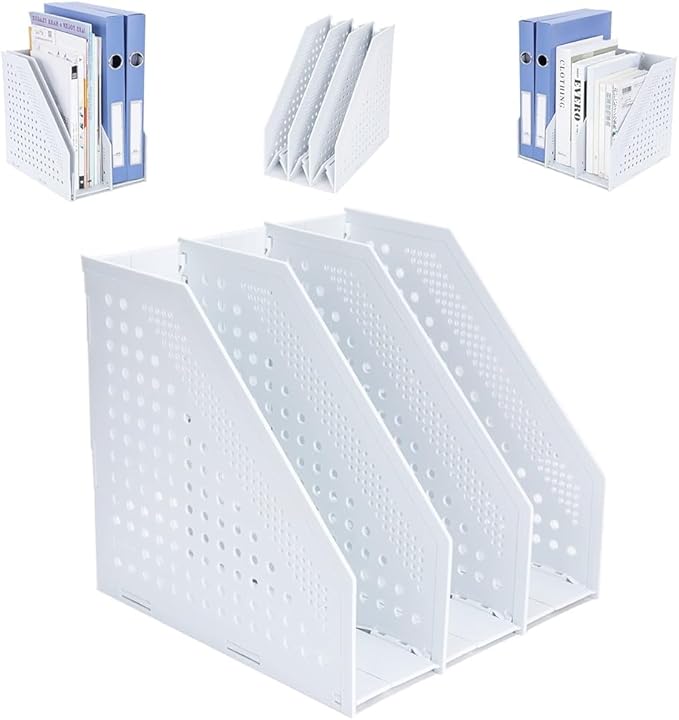 FRETONBA Collapsible Magazine File Holder with 3 Vertical Compartments Foldable Binder Holder for Desk Binder Storage Organizer Plastic Magazine Holders for Shelf, Light Gray