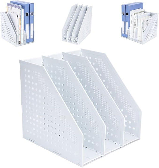 FRETONBA Collapsible Magazine File Holder with 3 Vertical Compartments Foldable Binder Holder for Desk Binder Storage Organizer Plastic Magazine Holders for Shelf, Light Gray