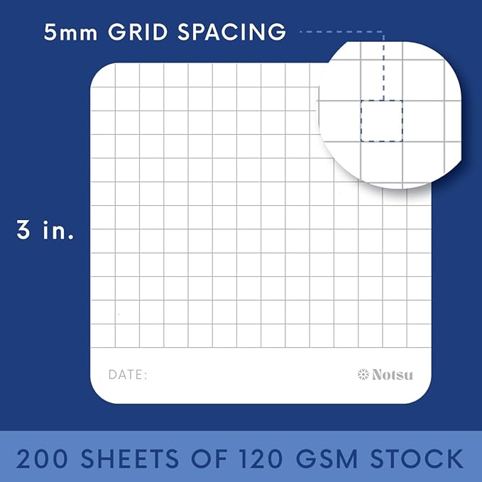Notsu Graph Grid Sticky Notes 4pk | Premium Thick Paper 120g | Graphing Memo Pads with Date, 3" x 3"
