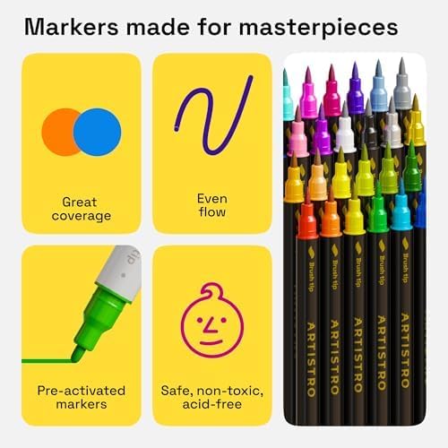 ARTISTRO 24 Dual-Tip Fabric Markers - Fabric Decorating Kit - Permanent for Clothes - Acrylic Paint Pens for Sneakers, Bags, Shoes, Textile, Canvas, Sewing, Craft, DIY - Brush and Fine Tip