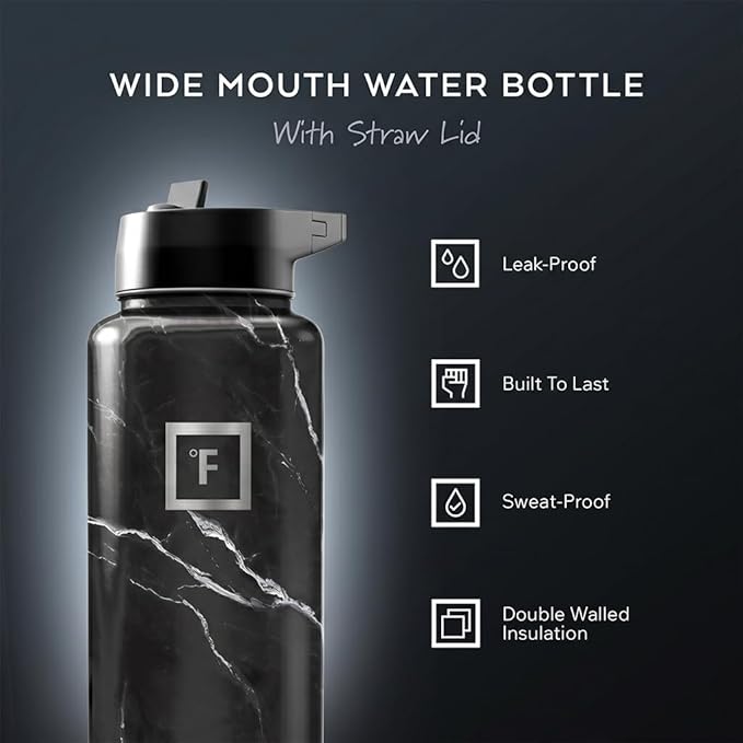 IRON °FLASK 40 oz Wide Mouth Water Bottle with Straw | Insulated Stainless Steel Sports Water Bottle with Leakproof Straw Lid - BPA Free, Cold 24 Hrs, Sweat Free (Black Marquina)