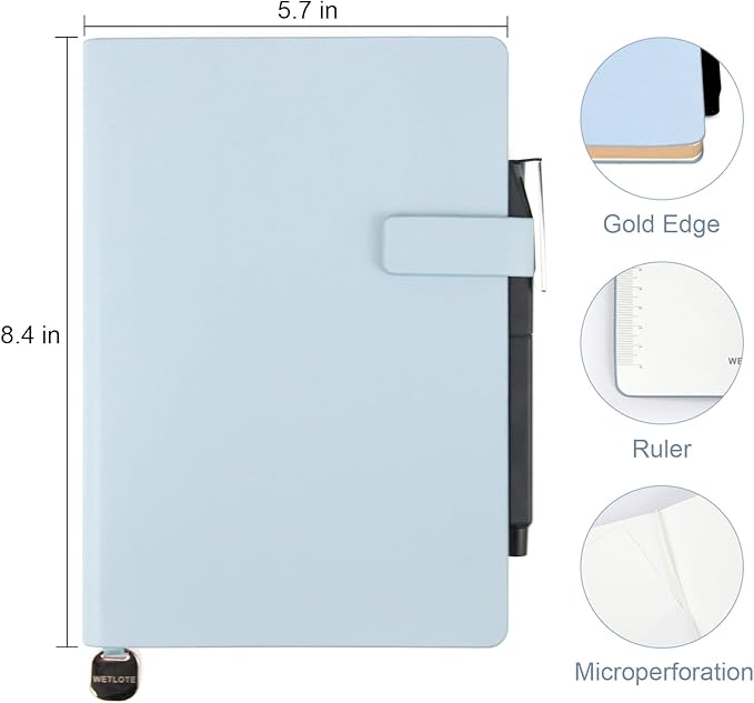 Soft Cover Leather Journal Notebook A5 Lined 212 Pages 5x8.25 Inches with Strap Closure Travel Work School Writing Journaling Notebooks for Women Men Gift Box Packaging Light Blue
