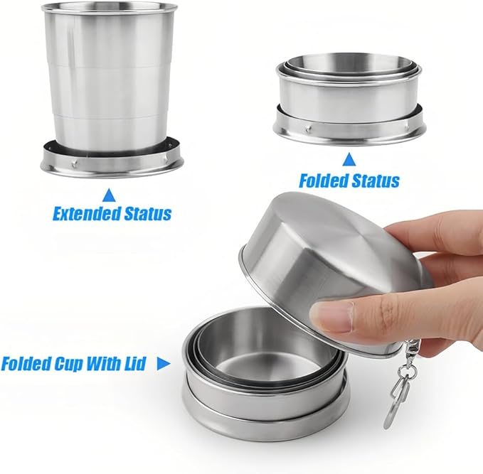 Stainless Steel Collapsible Cup, 150ml Camping Folding Cup Retractable Travel Mug with Lid Keychain Portable Drinking Outdoor Demountable Stackable Expandable Protective Cap for Hiking Picnic(M)