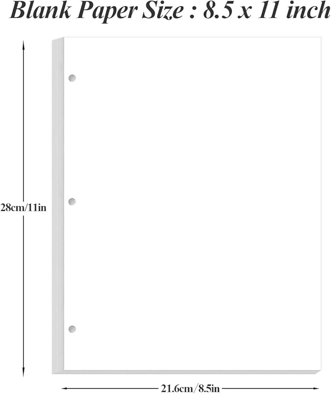 A4 Blank Filler Paper, 3-Hole Blank Paper, 100Sheets / 200Pages Loose-Leaf Paper, 100gsm White Paper, 8.5'' x 11''