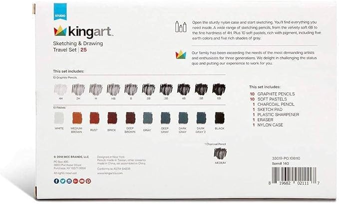KINGART DRAWING & SKETCHING 25 pc. TRAVEL SET, Graphite, and Charcoal Pencils & Pastels plus Supplies, Art Drawing Kit for Adults, Teens, Beginner to Pro, Ideal for Shading, Blending, 25 pc.