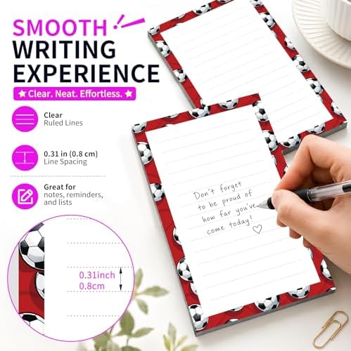 Lined Sticky Notes 4x6 in, 2 Pack Large Cute Notepads with Lines Self-Stick Note Pad, Funny Memo Pads Strong Adhesive for Office, Home Red Cute Soccer