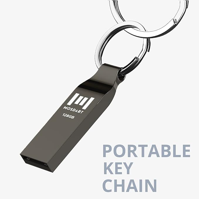 MOSDART Waterproof 128GB USB2.0 Flash Drive, exFAT Metal Memory Stick with Keychain, for System Back, Data Storage, Titan Gray