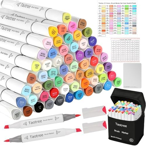 Taotree Alcohol Markers Brush Tip, 61 Colors Dual Tip Brush Markers Set