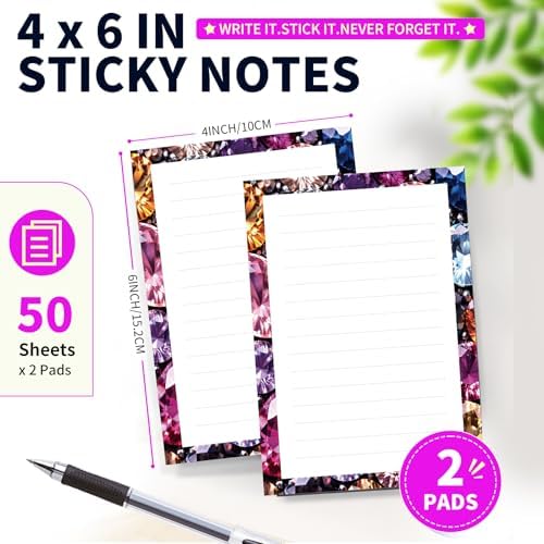 Lined Sticky Notes 4x6 in, 2 Pack Large Cute Notepads with Lines Self-Stick Note Pad, Funny Memo Pads Strong Adhesive for Office, Home Luxury Diamond Pattern
