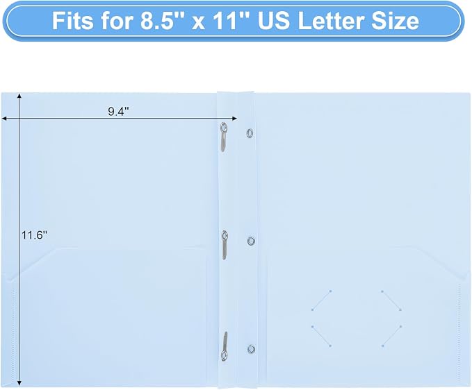 SUIN Plastic Project-Folder with 2 Pockets and 3-Prong Fasteners, for US Letter Size, Bulk Pack Color File-Folder for US Letter Size Papers, Ideal for School & Office, (Pastel Blue)