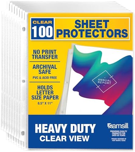 Samsill 100 Pack Heavy Duty Sheet Protectors, Crystal Clear, 8.5x11 Inch Page Protectors for 3 Ring Binder, Letter Size Protectors with Reinforced Holes, Clear Document Sleeve, Top Loading, Acid Free