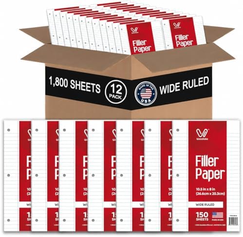 Woodlake Loose Leaf Paper Bulk, Wide Ruled Notebook Paper, 8 x 10.5 Inch Filler Paper, 3-Hole Punched Lined Binder Paper, 60 GSM, 150 Sheets/Pack, 1,800 Sheets Total, Made in USA for School & Office