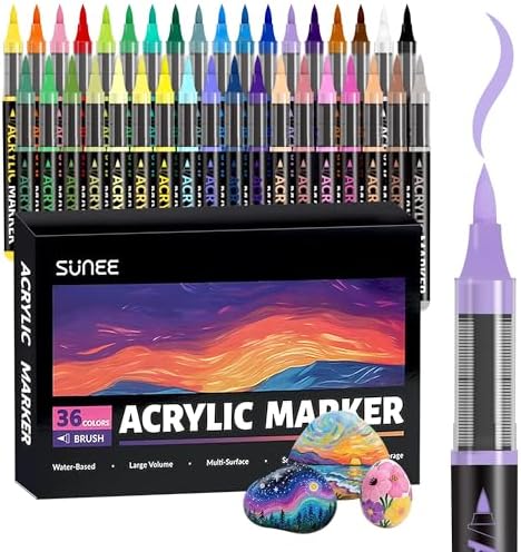 SUNEE Acrylic Paint Markers Brush Tip, 36 Colors Acrylic Markers with Automatic Ink Control System, Waterproof Acrylic Paint Pens for Painting,Wood, Canvas, Glass, Stone, Fabric and Art Supplies