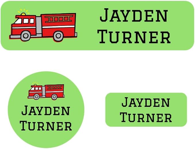 Name Bubbles - Kids Custom Name Labels for Daycare, School, Camp (102 Labels) - Personalized Waterproof Name Stickers for Clothes Tags, Lunch Boxes, Water Bottles, & School Supplies (Fire Truck)
