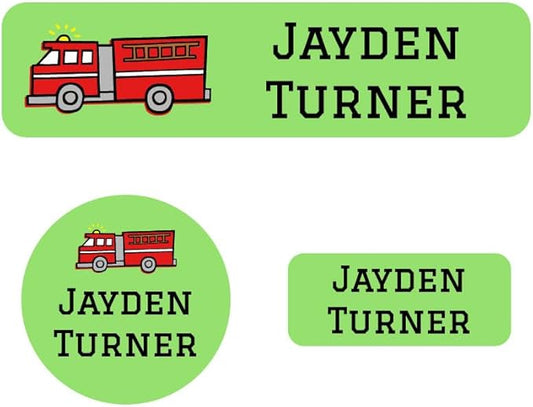 Name Bubbles - Kids Custom Name Labels for Daycare, School, Camp (102 Labels) - Personalized Waterproof Name Stickers for Clothes Tags, Lunch Boxes, Water Bottles, & School Supplies (Fire Truck)