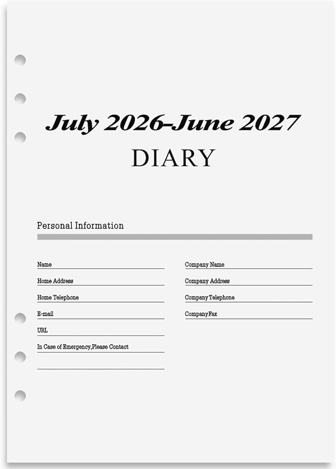 2026–2027 Weekly Planner Refills for A5 6-Ring Binder, Monthly Planner Jul 2026 to Jun 2027 with Schedule Planner, Personal Organizer, Contacts, Diary Refills 100 GSM Weekly Planner