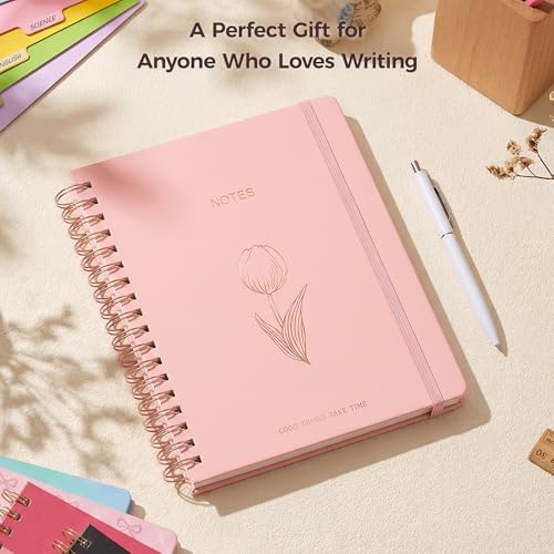 Hardcover Spiral Notebook Journal for Women & Men, Cute 5 Subject Notebook College Ruled for School & Work, Pink Journaling Notebooks with Removable Dividers Tabs, 8" x 10", 300 Pages, Tulip