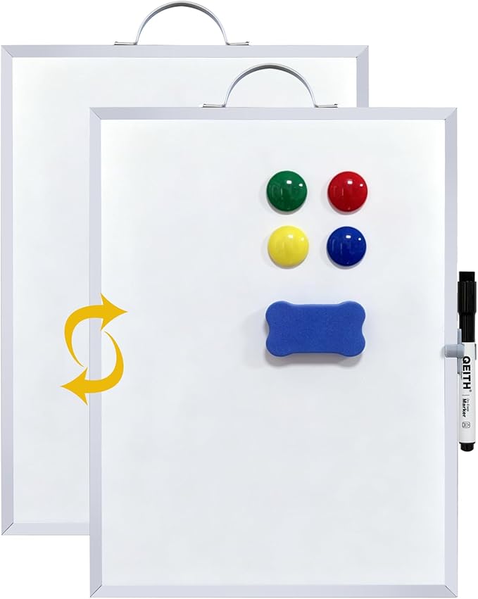 Small White Board,16"X12"Portable Aluminum Frame Whiteboard, Magnetic Double Sided Dry Erase Board, with A Handle and Side Pen Clip,for Office, Home,School,Includ 4 Magnets,1 Eraser,1 Marker (Silver)