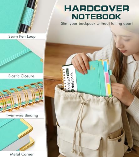 5 Subject Spiral Notebook Journal with Removable Dividers Tabs, 300 Pages Organizer Notebooks for Work School, 8"x10" Hardcover Leather Notebook College Ruled, Large Lined Journal for Women Men,Aqure
