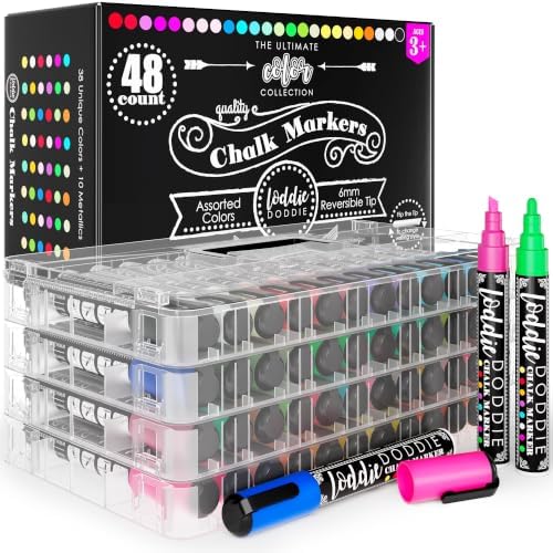 Loddie Doddie Chalk Markers - Pack of 48, 6mm Reversible Tips - Liquid Chalk Pens for Glass & Windows - Dry Erase Chalkboard Markers for Blackboard & Calendars - Non-Toxic Pens for Art & Decor
