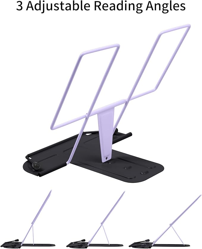 MSDADA Metal Book Stand for Desk, Adjustable Reading Rest Book Holder, Portable Cookbook Documents Holder, Sturdy Typing Stand for Recipes Textbooks Tablet Music Books with Page Clips (Purple+Black)