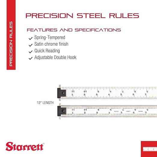 Starrett Spring Tempered Steel Rule with Satin Chrome Finish, Quick Reading, and Inch Graduation - 12" Length, 4R Graduation Type, 3/64" Thickness - CD604R-12
