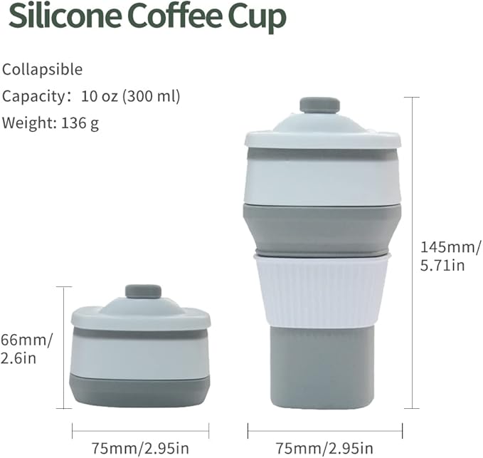 Collapsible Travel Coffee Cups Set of 2 - Silicone Foldable Mugs with Leakproof Lids, BPA Free, Microwave and Dishwasher Safe - 10oz (300ml) for Travel, Office, Camping
