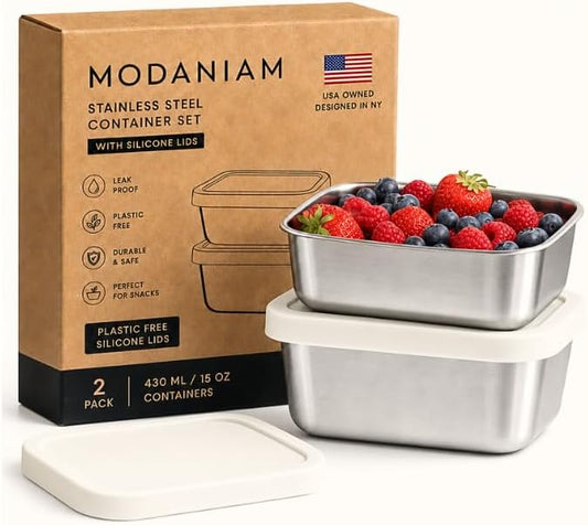 Modaniam Flexibento - Stainless Steel Snack Container Set with Silicone Lids - 2 pack 14 OZ each