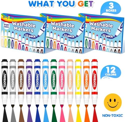 Washable Markers Bulk (36 Count, 3 Box), Broad Line Markers for Kids with Conical Tip, Assorted Colors, Drawing Essentials for School Classroom, Student Must Have for Coloring Book, Art Craft Supplies