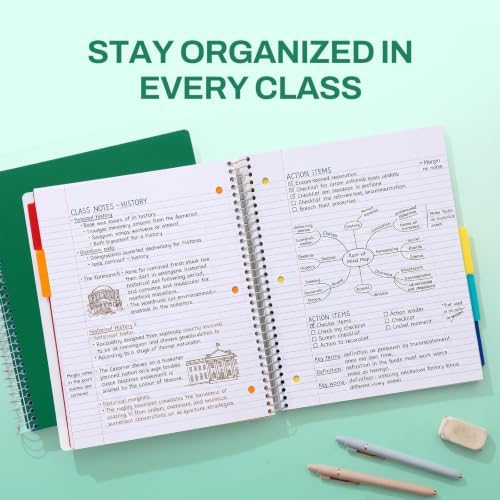 SUNEE 5 Subject Notebook College Ruled - 400 Pages, 9"x11", 5 Pocket Colored Dividers, 3-Hole Punched Paper, Dark Green