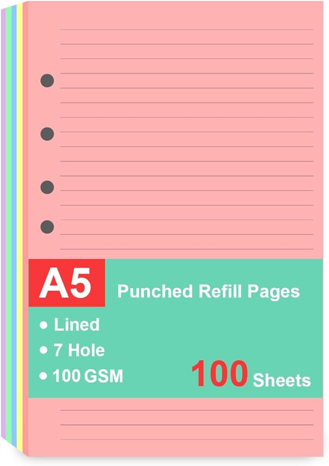 7-Hole Lined Refills Paper, A5 Filler Paper for Planner Inserts, A5 Loose Leaf Paper, 5 Colors(20 Sheets/C), 100 Sheets/200 Pages, College Ruled, 5.5 X 8.5 Inch