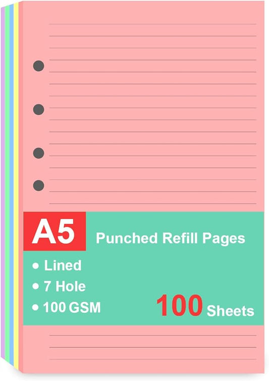 7-Hole Lined Refills Paper, A5 Filler Paper for Planner Inserts, A5 Loose Leaf Paper, 5 Colors(20 Sheets/C), 100 Sheets/200 Pages, College Ruled, 5.5 X 8.5 Inch
