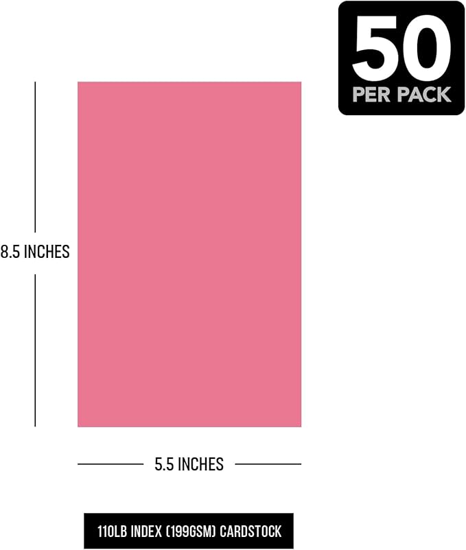 8.5 x 5.5" Cherry Pink Pastel Color Cardstock Paper – Great for Arts & Crafts, Wedding Invitations, Cards and Stationery Printing | Medium to Heavy Card Stock 110lb Index (199gsm) | 50 Sheets per Pack