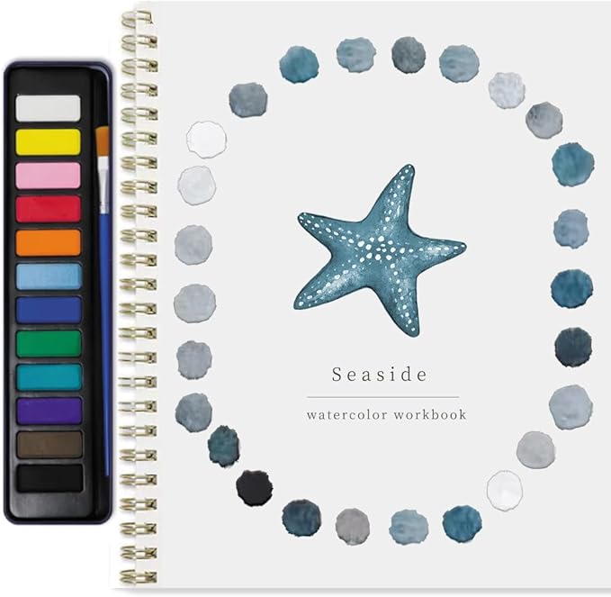 XZGTAND Watercolor Workbook, Water Coloring Book, 12 Different Patterns of Original DIY Designs, 12 Colors Watercolor Paint Set with Palette and Brush, Beginner-Friendly Watercolor Workbooks（Seaside）