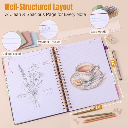 5 Subject Notebook College Ruled, Hardcover Leather Spiral Notebook Journal