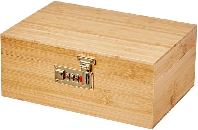 Bamboo Wood Desktop Organizer with 3 Glass Jars and Sliding Tray - Red Multi-Compartment Storage Case for Craft Supplies, Stationery, and Small Accessories (Natural wood colour)