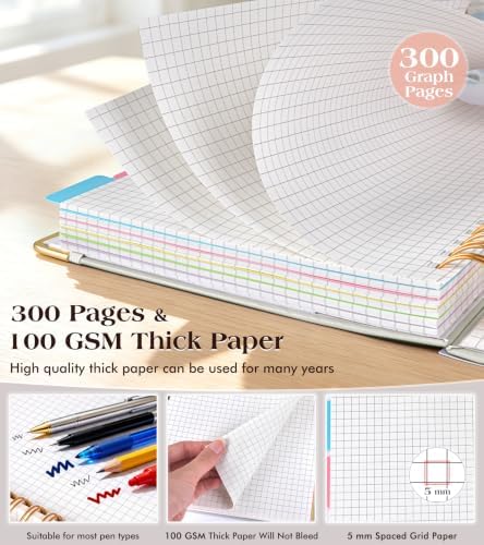 5 Subject Graph Paper Notebook with Removable Dividers Tabs, 300 Pages Hardcover Leather Grid Spiral Journal, 8"x10" B5 Large Graphing Notebooks for Women Men Work School College Engineering, White