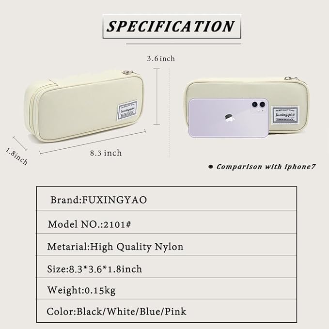 FUXINGYAO Pencil Case, Multi- Slot Pencil Pouch, Portable Pencil Bag, Pen Case for& Office(White)