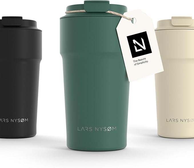 LARS NYSØM Thermo Coffee Mug to go 17oz | Travel Mug 0.5 Liter with Insulation | Leak Proof Stainless Steel Thermal Tumbler for Coffee and Tea on the Go (Pine Green, 17oz)